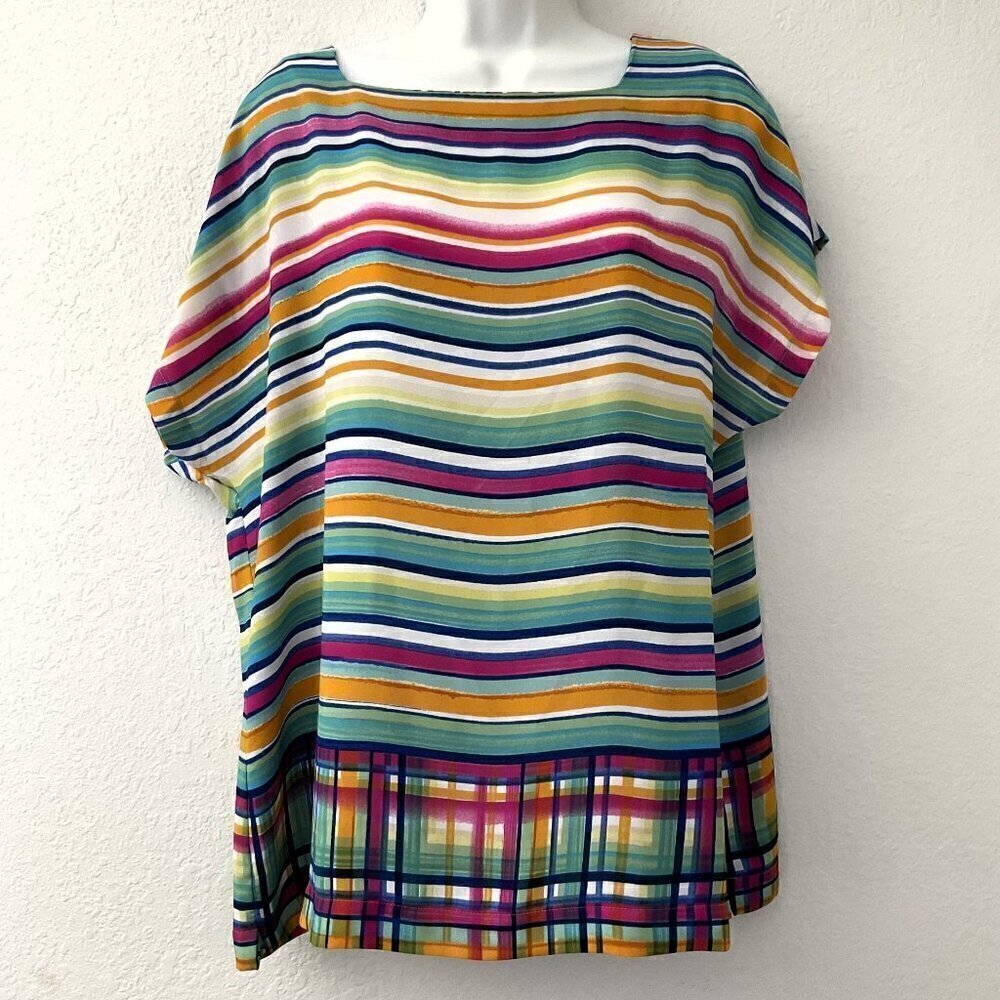 Rachel Zoe Striped Plaid Border Drop Shoulder Blouse L Square Neck Lightweight